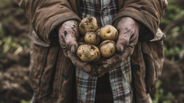 Um par de mãos aconchegando um grupo de batatas recém-colhidas ainda manchadas de terra