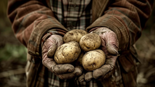 Um par de mãos aconchegando um grupo de batatas recém-colhidas ainda manchadas de terra