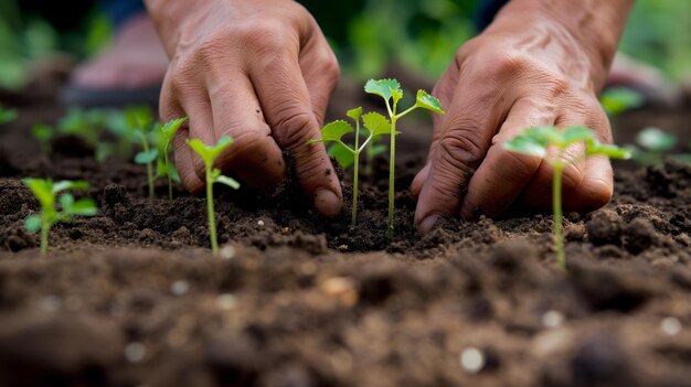 um par de mãos plantando mudas em solo rico