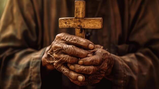 Um par de mãos unidas em torno de uma cruz de madeira transmitindo um senso de fé, oração e espiritualidade