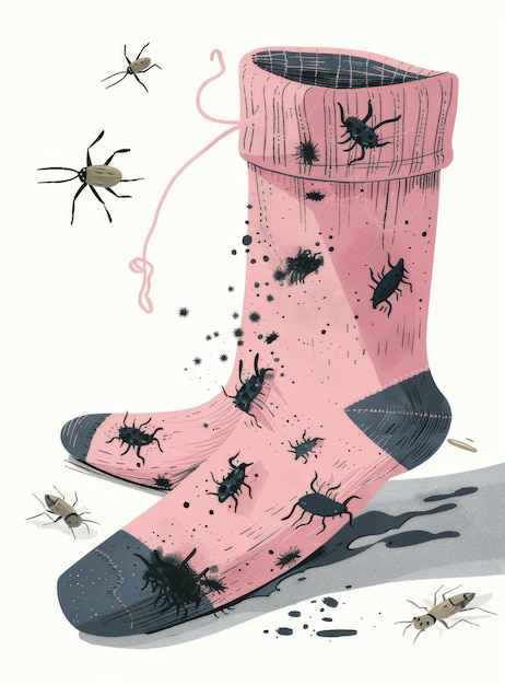 Um par de meias com uma variedade de insetos rastejando sobre e ao redor deles