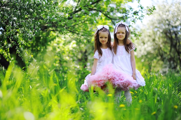 Um par de meninas gêmeas está andando em um pomar de maçã As crianças andam no parque