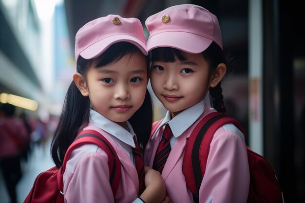 um par de meninas vestindo uniformes de pé um ao lado do outro