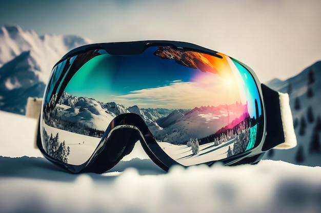 Um par de óculos com uma cena de montanha nevada ao fundo.