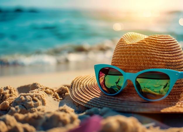 Foto um par de óculos de sol azuis e um chapéu de palha estão na praia férias de verão vocação ai generativo