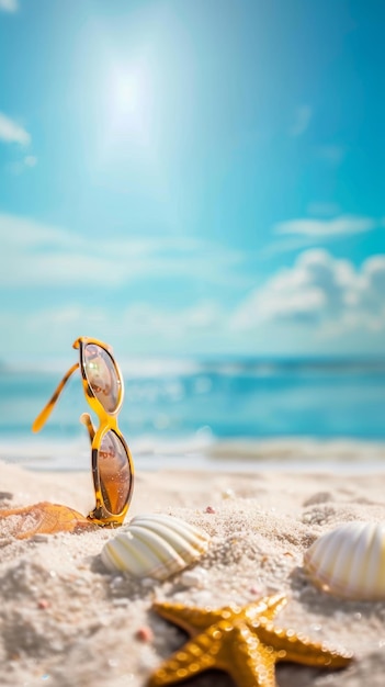 Foto um par de óculos de sol fica sentinela na praia de areia flanqueada por estrelas-do-mar e conchas sob o olhar atento do sol de verão