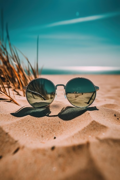 Foto um par de óculos de sol no topo de uma praia de areia