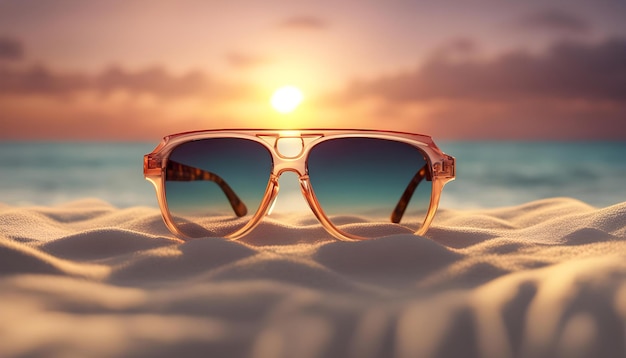 Foto um par de óculos de sol numa praia com o sol a pôr-se atrás deles