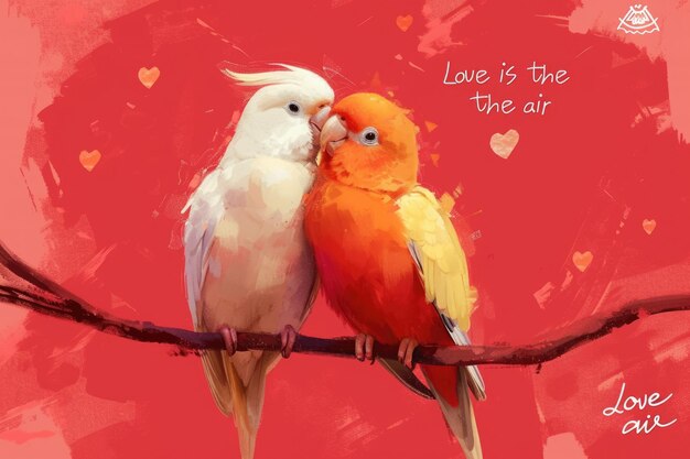 Foto um par de pássaros apaixonados sentados num galho em forma de coração com um fundo azul e as palavras 