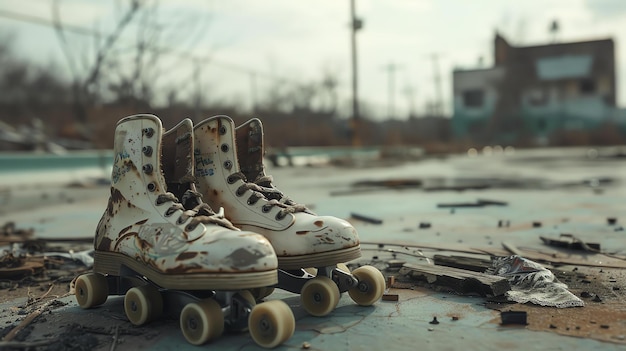 Foto um par de patins de rolos vintage abandonados em um terreno de asfalto quebrado com um fundo desfocado de uma área urbana