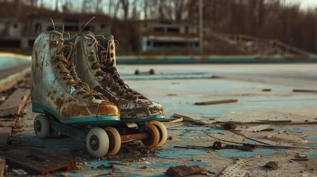 Um par de patins de rolos vintage abandonados no chão de uma piscina drenada com um fundo desbotado de árvores e céu