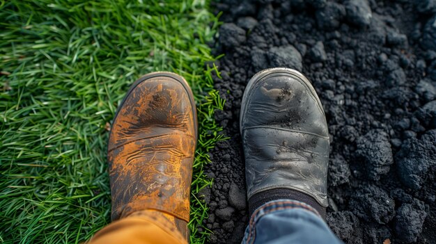 Um par de pés uma na grama verde e a outra no carvão metáfora para reduzir a pegada de carbono