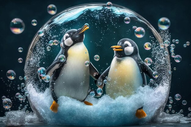 Um par de pinguins com bolhas de sabão um animal feliz e brincalhão