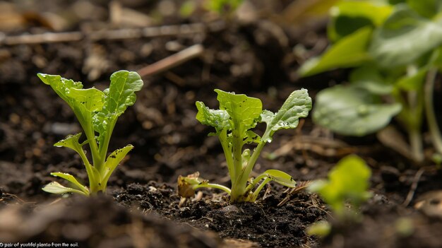 Um par de plantas jovens emergindo do soi