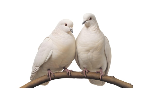 Um par de pombas brancas está fazendo amor enquanto está sentado em um galho de árvore