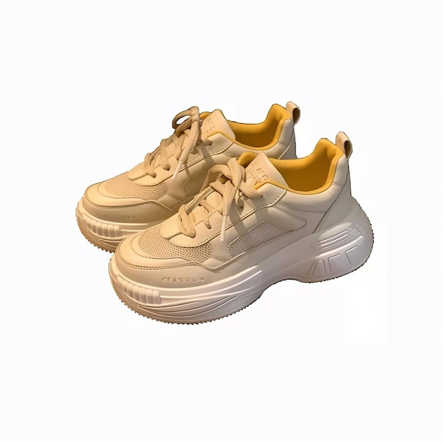 um par de sapatos amarelos com sola branca e sola branca.