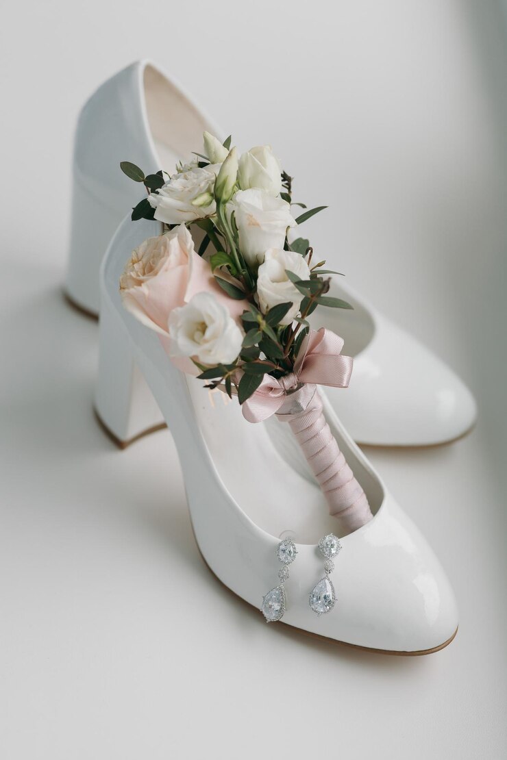 Foto um par de sapatos brancos com um boutonniere de flor rosa no sapato esquerdo