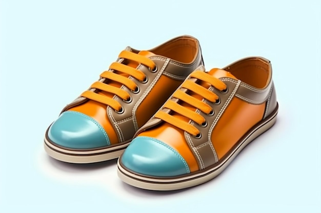 um par de sapatos com sola laranja e sola azul.