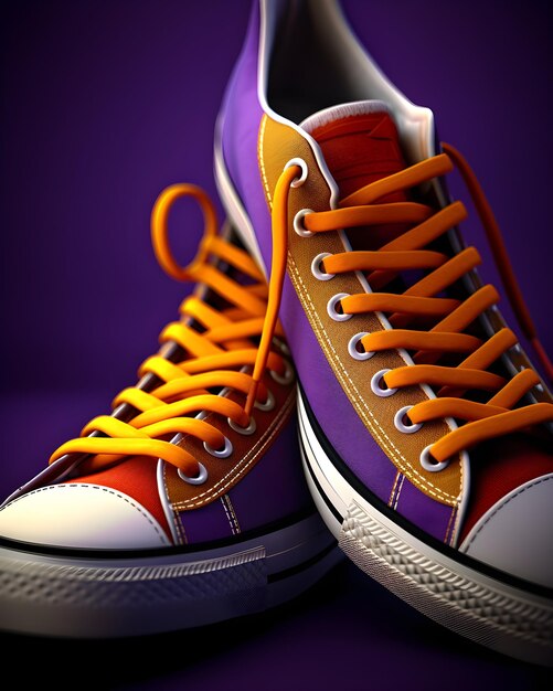 Um par de sapatos Converse com sola laranja e roxa.