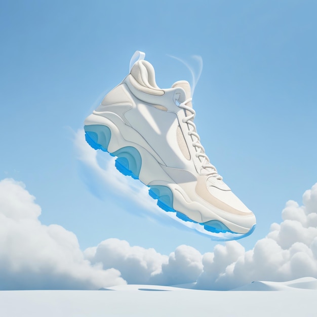 Um par de sapatos converse está voando no céu com nuvens ao fundo