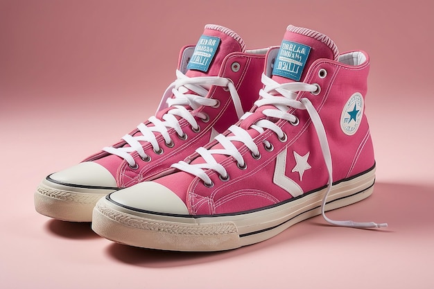 Um par de sapatos de basquete ou tênis de lona de estilo vintage rosa em um fundo branco com espaço de cópia