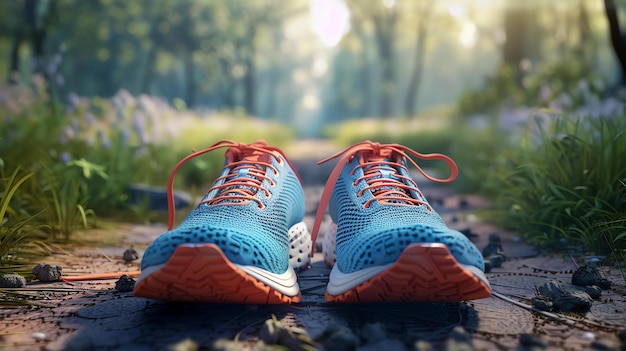 Um par de sapatos de corrida azuis e laranjas estão sentados em uma trilha da floresta os sapatos estão soltos e os atacadores estão soprando no vento