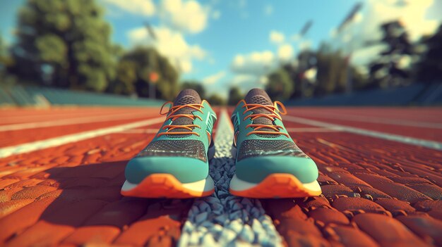 Foto um par de sapatos de corrida é colocado em uma pista de corrida os sapatos são azuis e laranjas e a pista é vermelha e branca