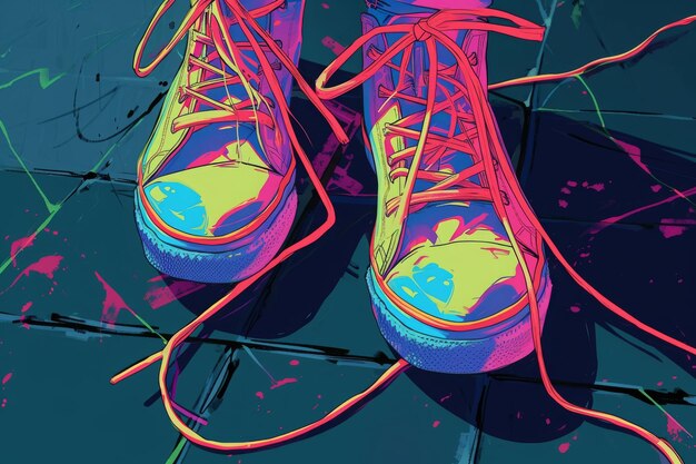 Um par de sapatos de néon de cores brilhantes descansando em um chão de azulejos Uma representação animada de cores brillantes de um tornozelo torcido AI Gerado