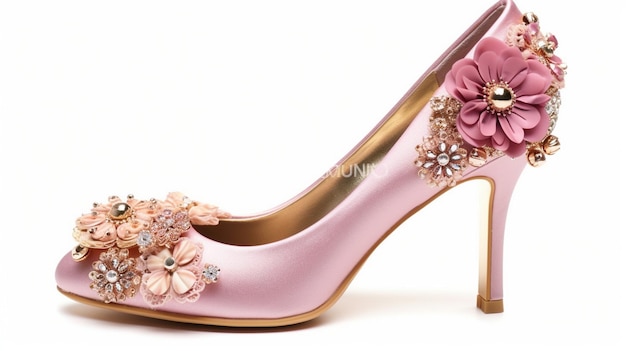 Um par de sapatos de salto alto rosa com flores e folhas.