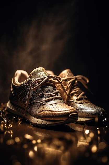 Um par de sapatos dourados com sola dourada.