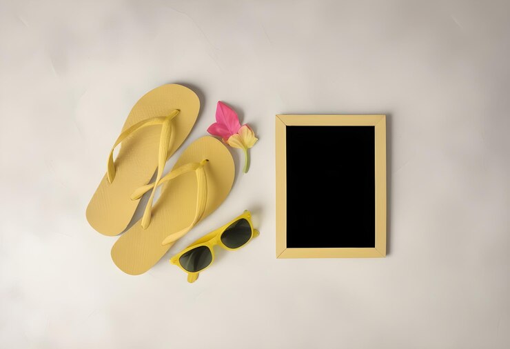 Foto um par de sapatos e uma moldura de imagem estão em uma superfície branca