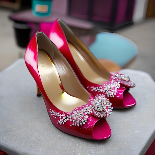 Um par de sapatos rosa com strass e strass neles.