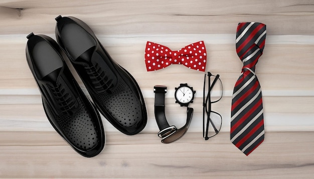 Um par de sapatos sociais pretos, um relógio, um relógio e um relógio estão sobre um piso de madeira.