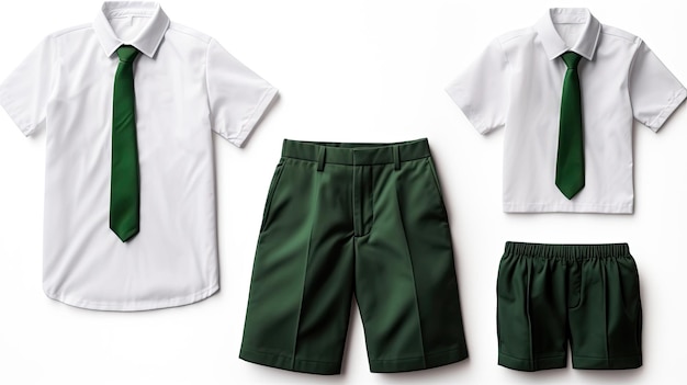Um par de shorts verdes com uma camisa branca que diz "t-shirts".
