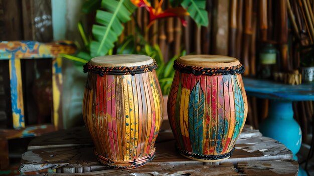 Um par de tambores de mão coloridos sentados em uma mesa de madeira Os tambores são feitos de madeira e têm um design único