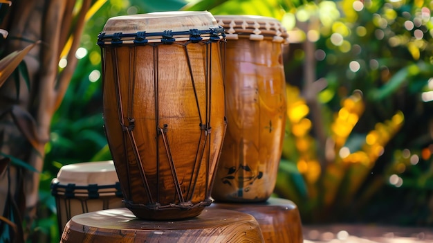 Foto um par de tambores tradicionais africanos de djembe sentados em troncos de madeira em um ambiente tropical exuberante