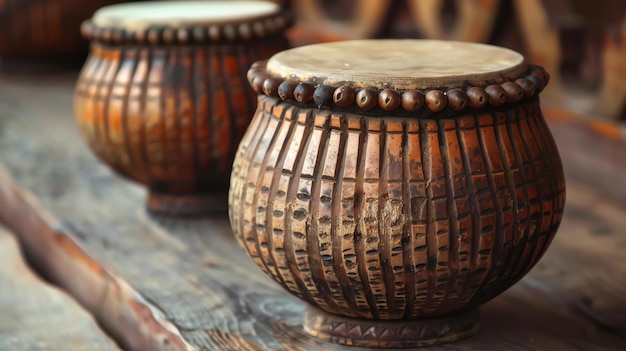 Foto um par de tambores tradicionais africanos feitos de madeira e pele de animal os tambores são decorados com contas e têm um belo desenho esculpido na madeira