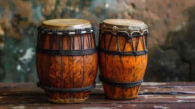 Foto um par de tambores tradicionais africanos feitos de madeira e pele de animal os tambores são decorados com esculturas intrincadas e têm um som quente e rico