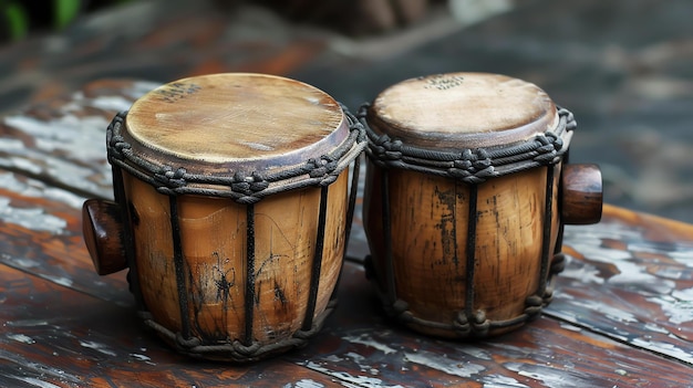 Foto um par de tambores tradicionais africanos feitos de madeira e pele de animal os tambores são decorados com esculturas intrincadas e têm um som quente e rico