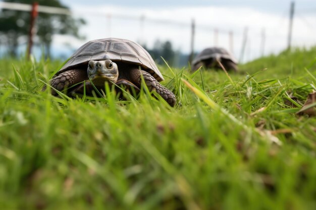 Um par de tartarugas indo em direção à linha de chegada em um campo gramado