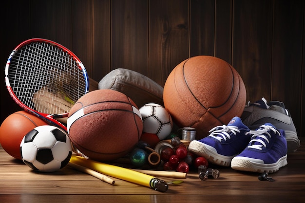 Um par de tênis azuis está em um piso de madeira com uma bola de basquete e uma de tênis.