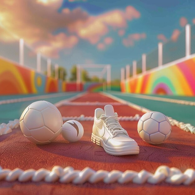 Foto um par de tênis estão deitados em uma pista com um fundo colorido arco-íris