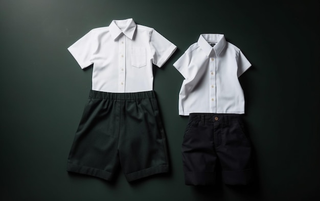 Um par de uniformes escolares e shorts estão dispostos sobre uma superfície escura.