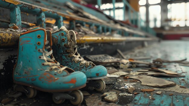 Um par de velhos patins sentados abandonados num edifício em ruínas as botas azuis de outrora estão agora desbotadas e esfregadas as rodas estão rachadas