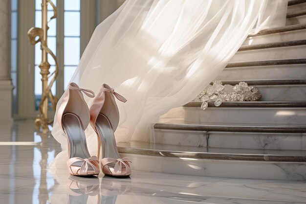 Um par elegante de sapatos de salto alto posicionados em uma escada de mármore