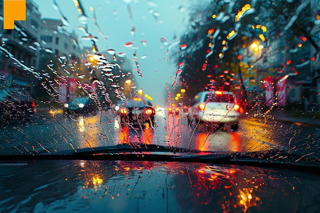 Um pára-brisas chuvoso com carros dirigindo por uma rua à noite com gotas de chuva no pára-abriso