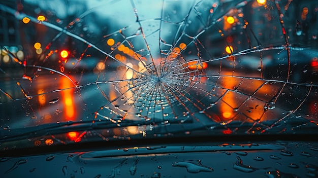 Um pára-brisas rachado de um carro com fraturas em forma de teia de aranha que obscurecem a visão do condutor da estrada