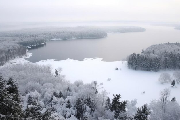 Um paraíso de inverno com árvores cobertas de neve e lagos congelados