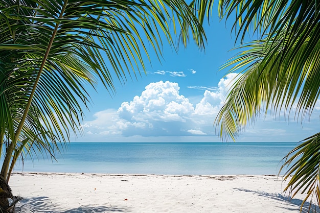 Um paraíso de praia tropical com folhas de palmeira emoldurando um oceano azul sereno e uma costa de areia branca sob um céu ensolarado com nuvens fofinhas