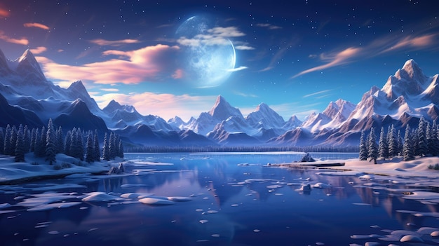 Um paraíso mágico de inverno com montanhas cobertas de neve e um lago congelado